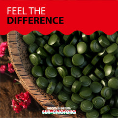Sun Chlorella gluten-free non-GMO label on packaging.