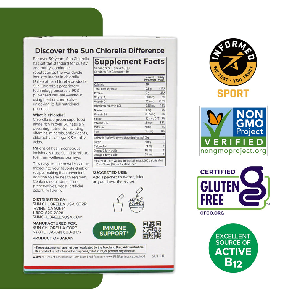 Non-GMO, vegan, gluten-free Sun Chlorella ingredients label.