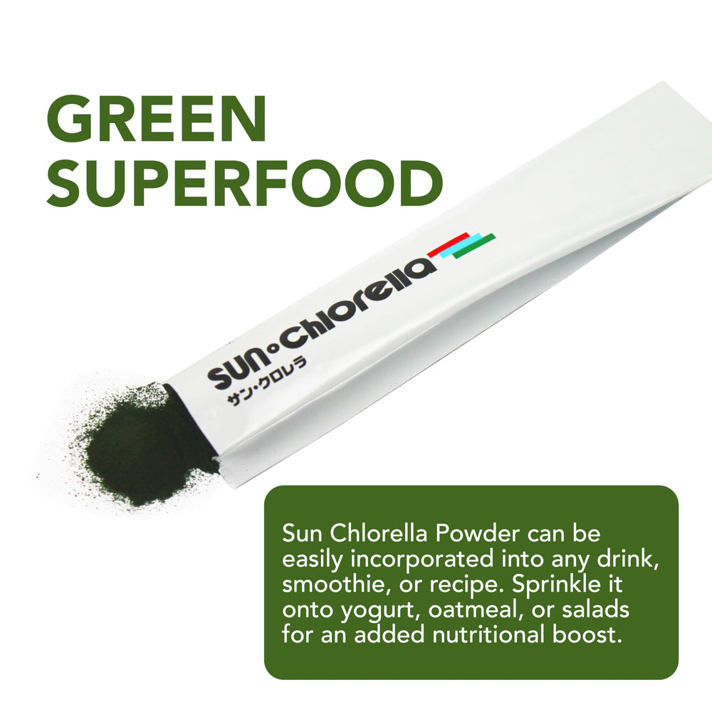 Glass of water with Sun Chlorella powder ready to mix.
