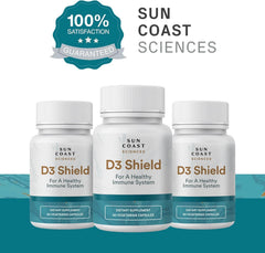 Sun Coast Sciences D3 Shield bottle on a bright kitchen counter.