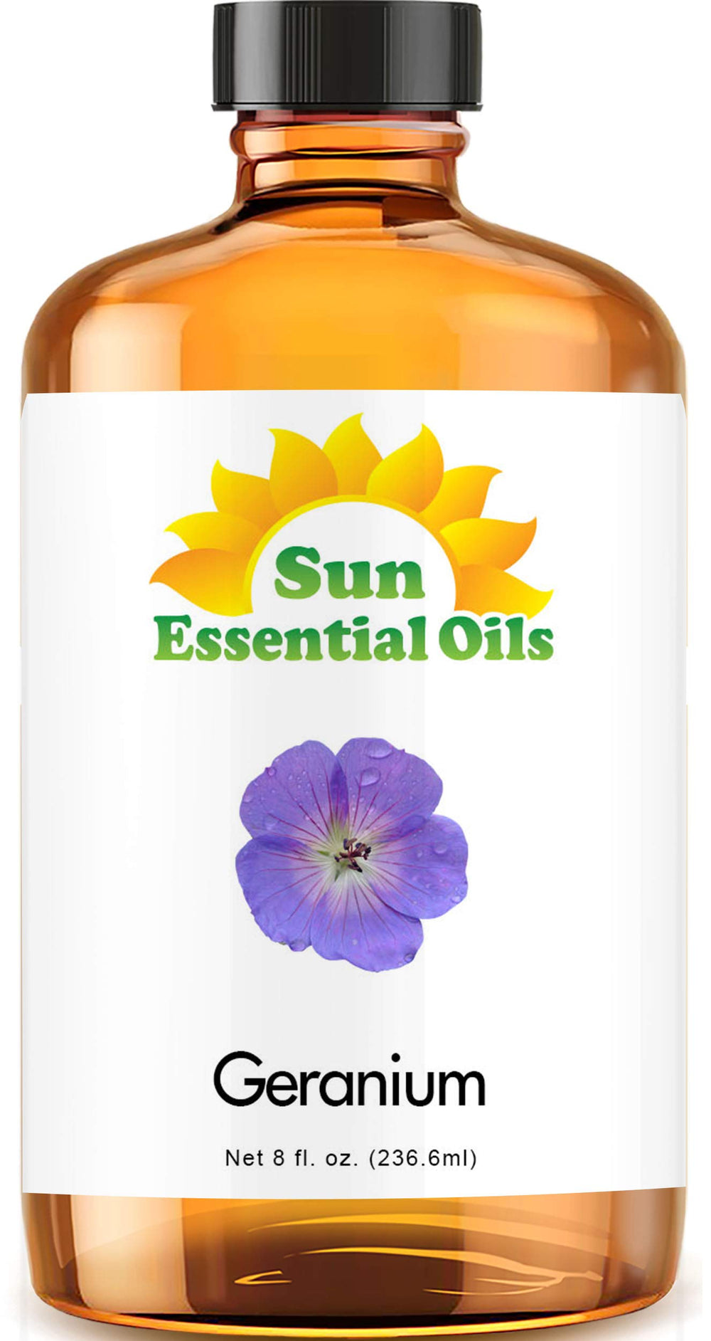 Sun Essential Oils Geranium Oil bottle in amber glass for long-lasting fragrance.