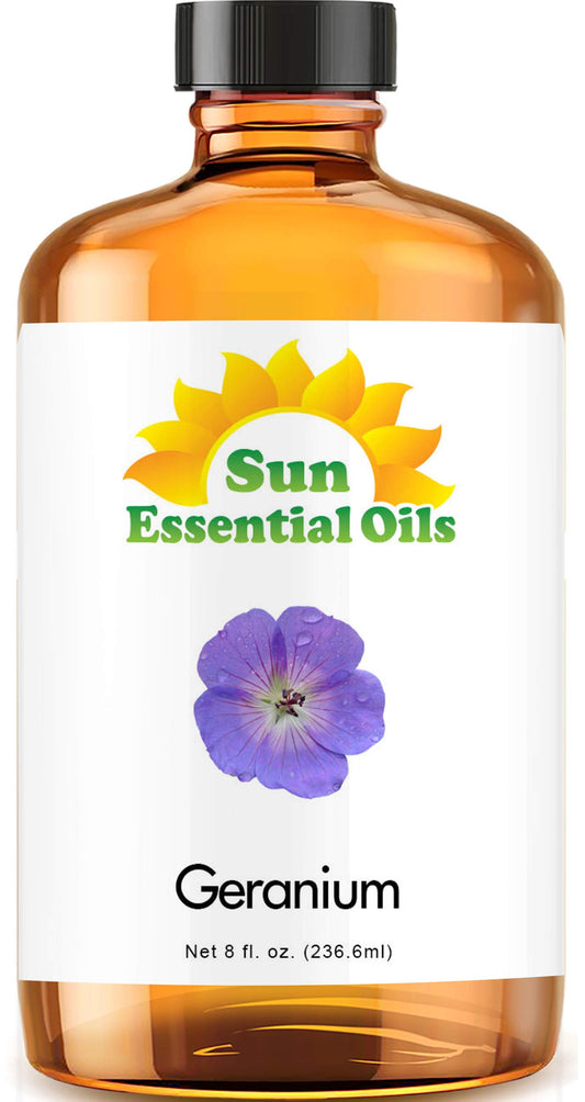 Sun Essential Oils Geranium Oil bottle in amber glass for long-lasting fragrance.