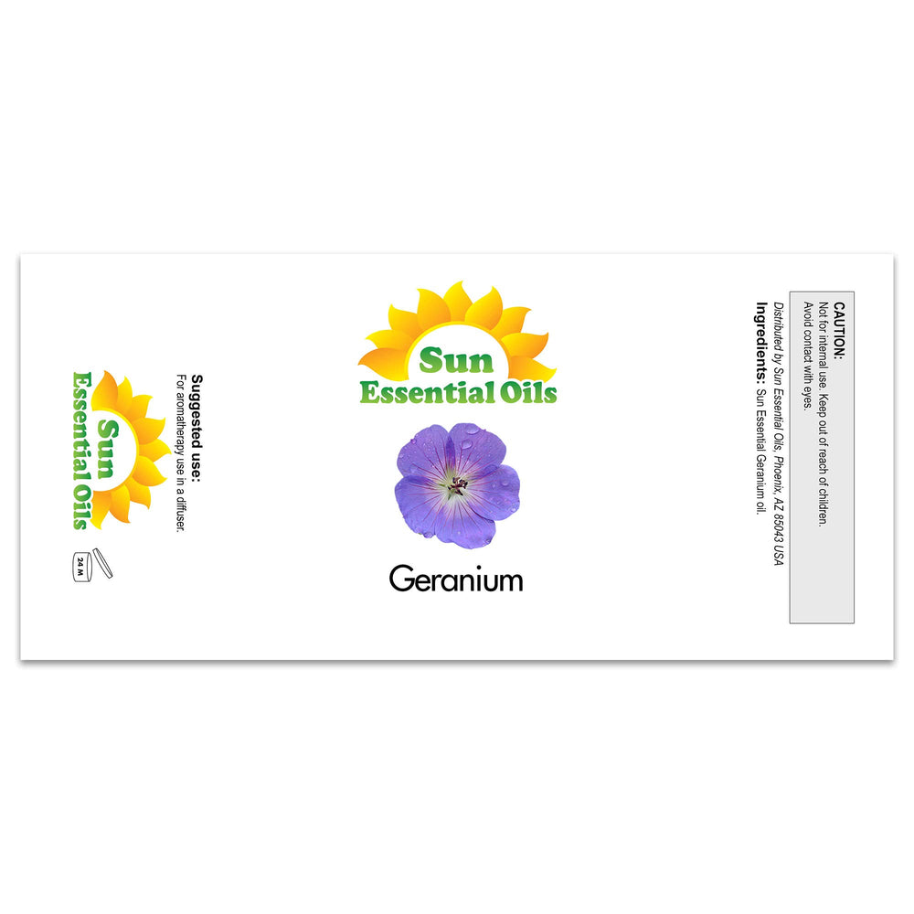 Sun Essential Oils Geranium Oil in a diffuser setup for calming atmosphere.