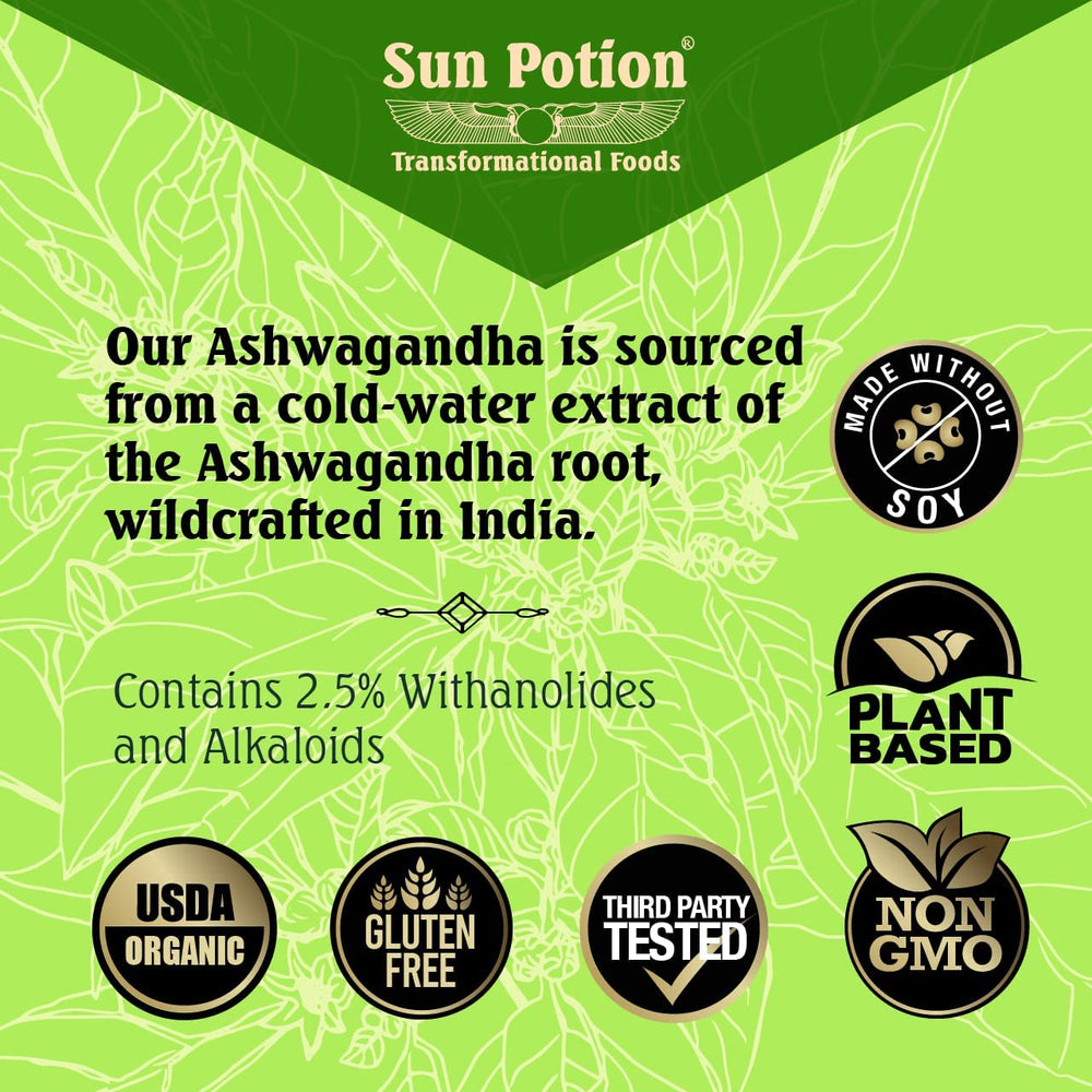 Sun Potion Ashwagandha jar packaging on shelf showcases premium, wildcrafted origin