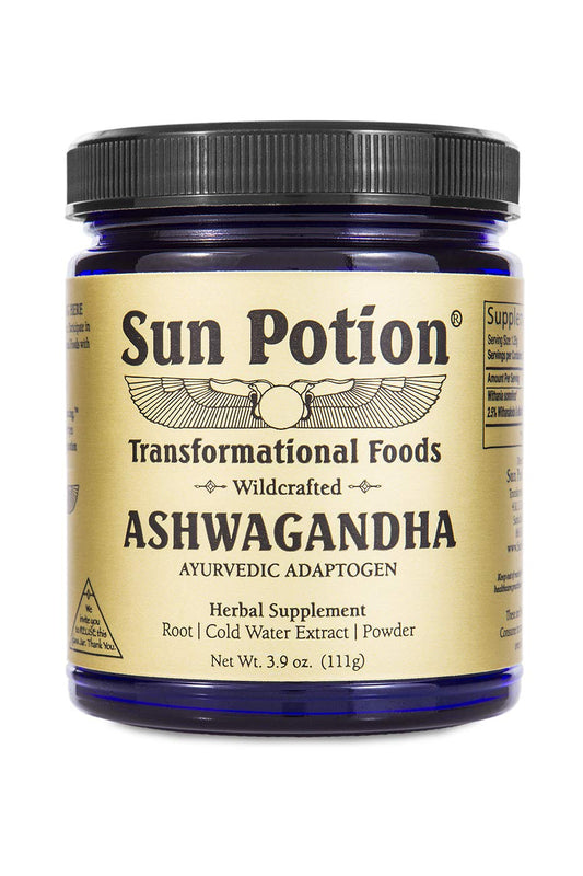 Sun Potion Ashwagandha wildcrafted bottle on shelf for daily ritual and balanced mood