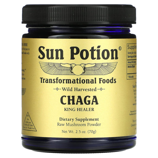 Sun Potion Chaga Powder jar shows earthy powder, ideal for cozy beverages.
