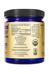 Sun Potion Mind Power Mushroom jar label emphasizes organic Lion's Mane benefits.