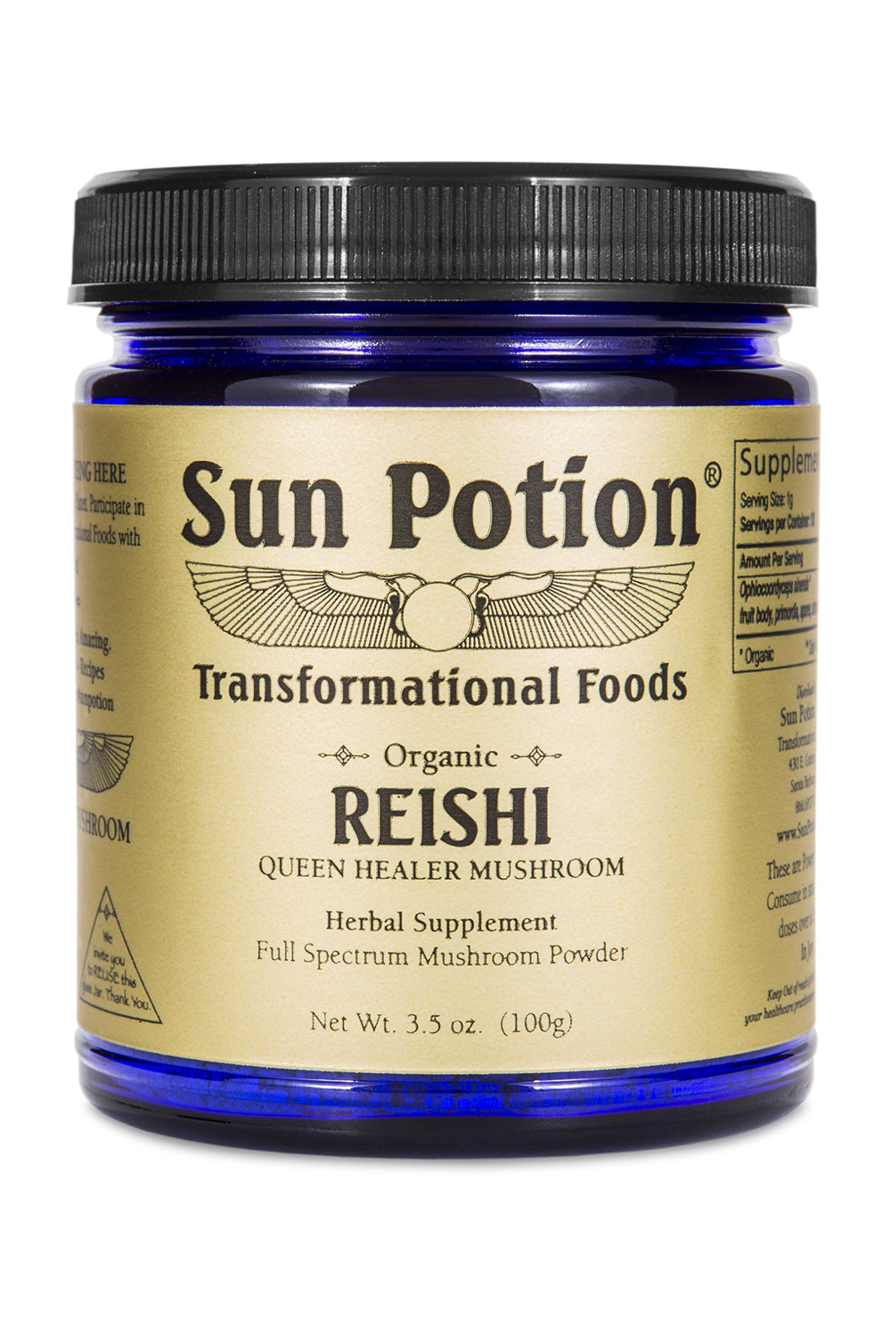 Sun Potion Reishi powder bottle on shelf suggesting organic adaptogen for daily immune support.