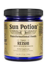 Sun Potion Reishi powder bottle on shelf suggesting organic adaptogen for daily immune support.