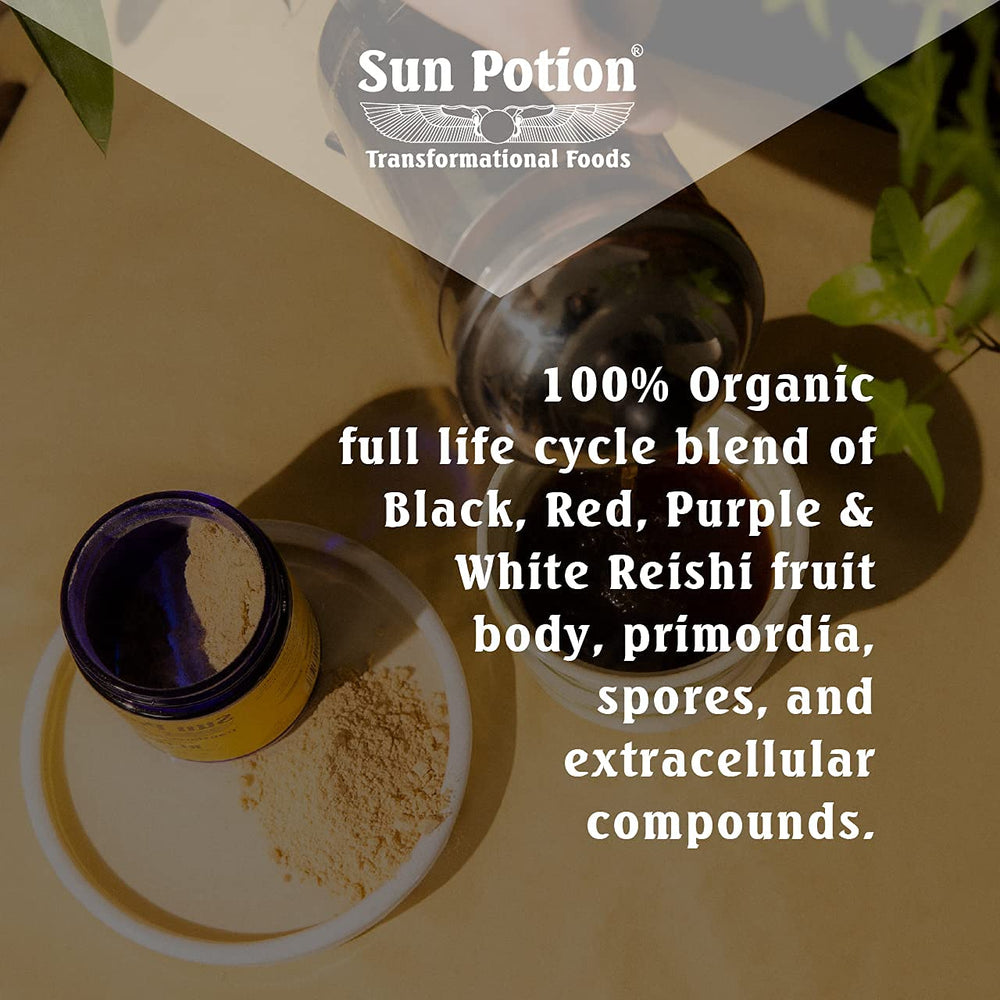 Close-up of Reishi powder jar label highlights organic farming and full-spectrum bioactives.