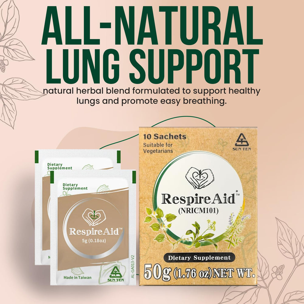 Sun Ten RespireAid sachet pack ready for on-the-go herbal tea moments.