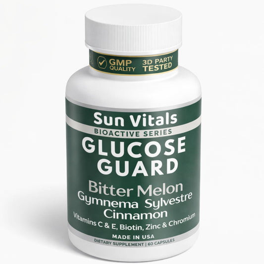 Sun Vitals Glucose Guard bottle front shows a clean, modern design for everyday metabolic support.