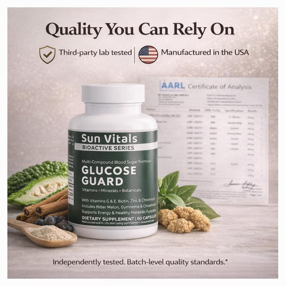 Sun Vitals Glucose Guard third-party testing badge conveys safety and quality control.