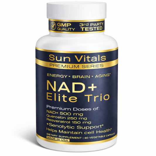 Sun Vitals NAD+ 500mg bottle front view highlighting daily vitality support
