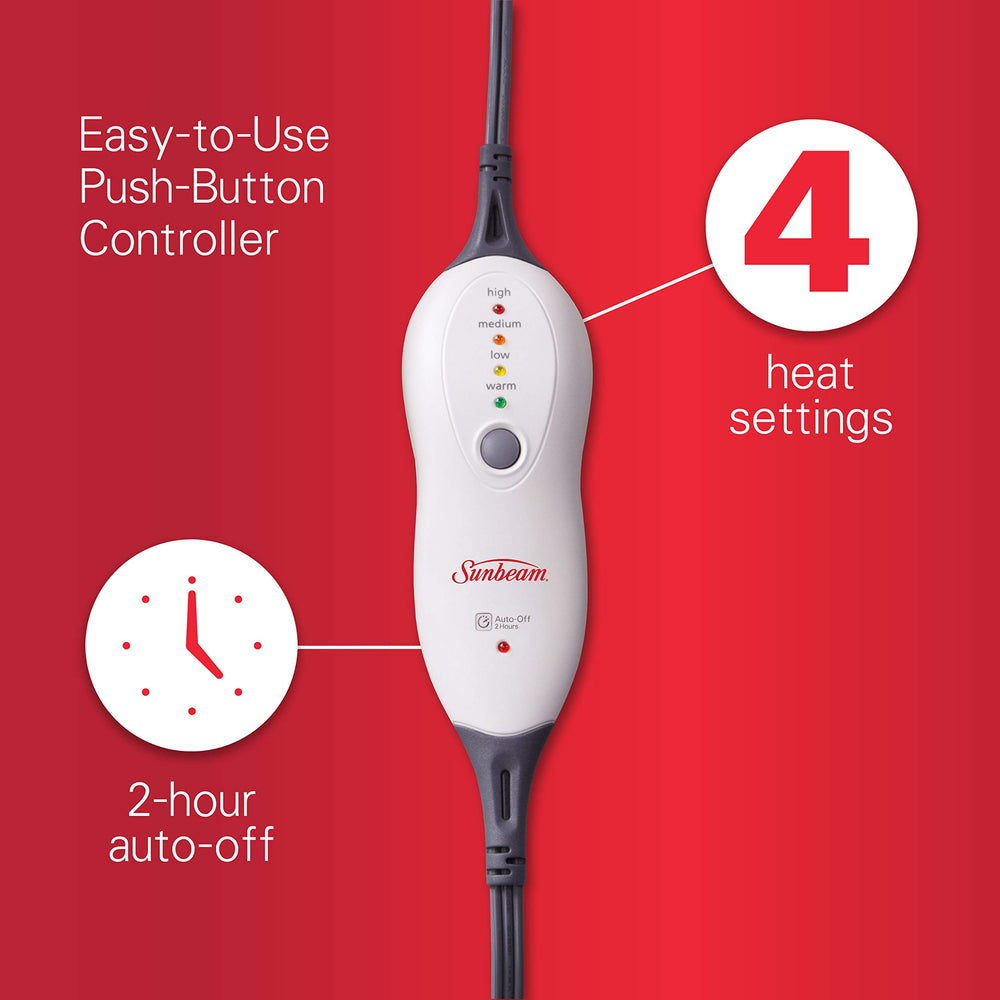 Sunbeam XXL heating pad features a long 9-foot cord for flexible use.