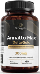 Sunergetic annatto tocotrienols bottle with DeltaGold for potential antioxidant support.