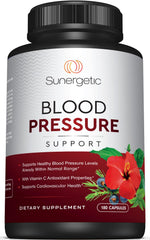Sunergetic Premium Blood Pressure bottle closeup suggesting daily heart health support.