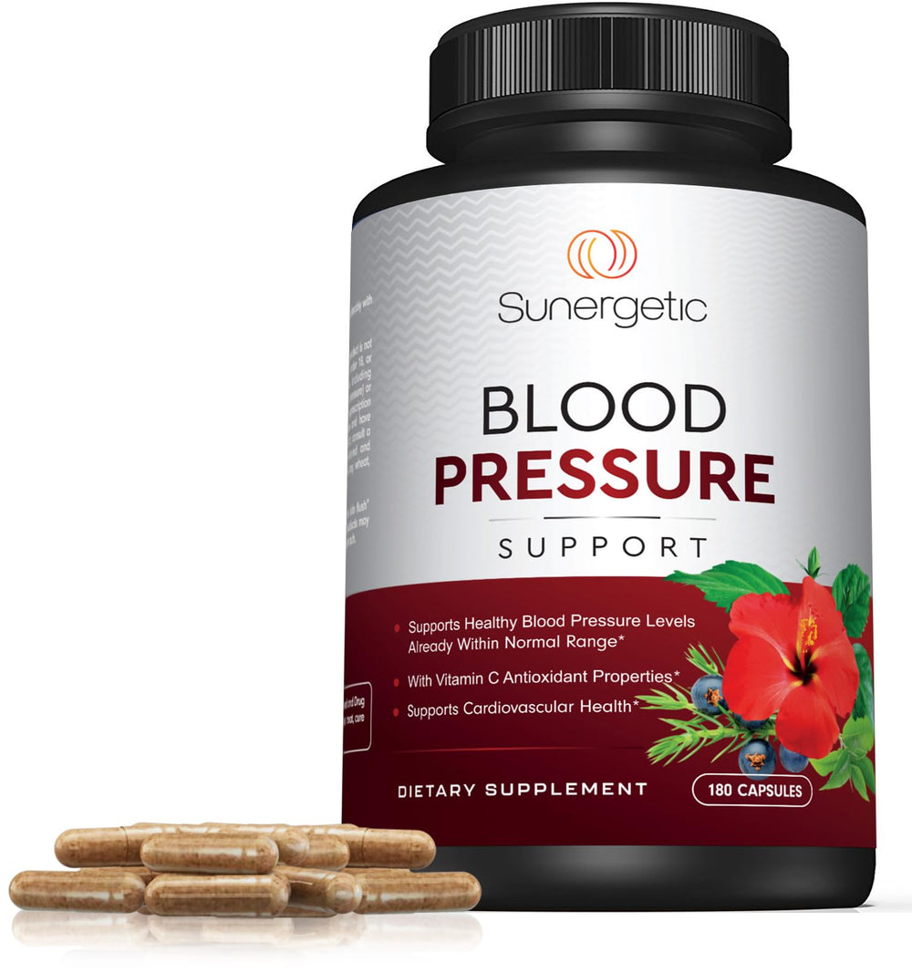 Sunergetic Premium Blood Pressure capsules inside bottle suggest convenient daily use.