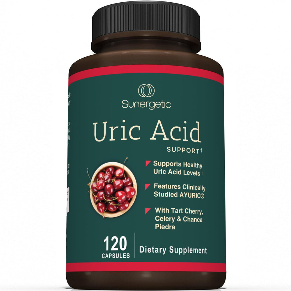 Sunergetic Uric Acid Support bottle front view may help maintain healthy uric balance.