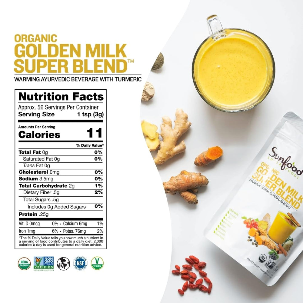 Sunfood Golden Milk Super Blend ingredients display highlighting turmeric and black pepper