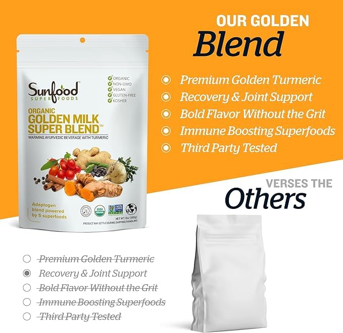 Sunfood Golden Milk Super Blend latte in glass, steaming with warm spices