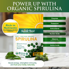 Sunlit Best Green Organics spirulina tablets closeup highlighting protein-rich supplement
