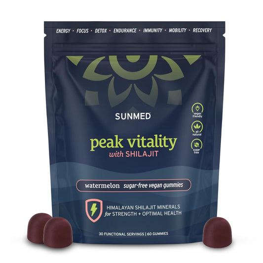 SunMed Peak Vitality gummies bottle with sugar-free vegan formula for steady energy