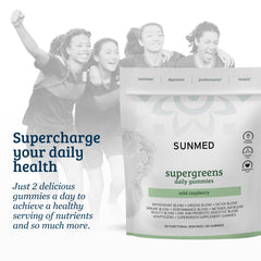 SUNMED Supergreens gummies with wild raspberry flavor invite daily wellness rituals.