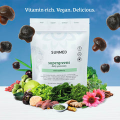 SUNMED Supergreens gummies closeup showing texture for easy daily consumption.