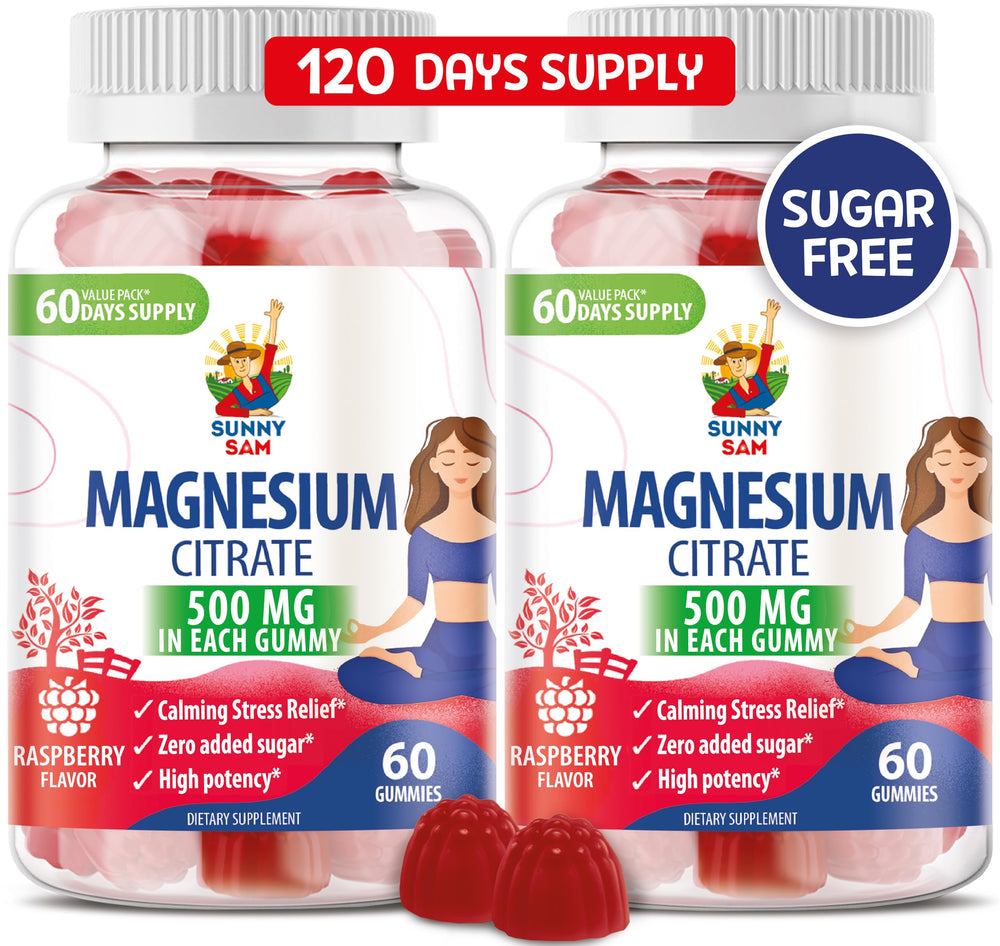 Sunny Sam Magnesium Gummies bottle with raspberry flavor support calm mood and relaxed muscles.