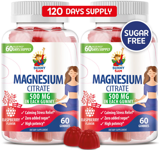 Sunny Sam Magnesium Gummies bottle with raspberry flavor support calm mood and relaxed muscles.