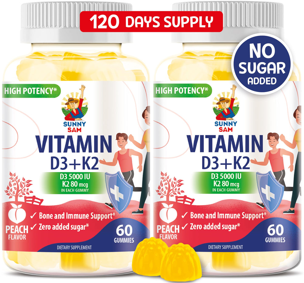 SUNNY SAM sugarfree vitamin D3 K2 gummies peach bottle for daily immune and bone support
