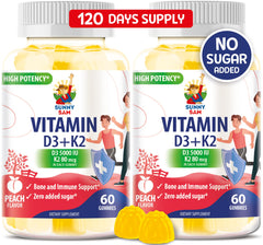 SUNNY SAM sugarfree vitamin D3 K2 gummies peach bottle for daily immune and bone support