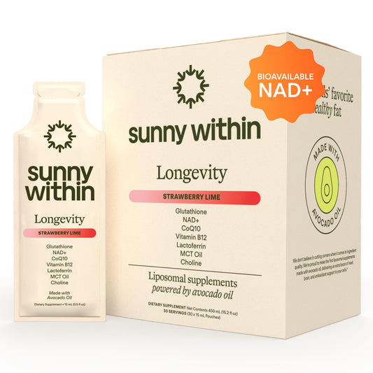 Sunny Within Longevity bottle pour shows simple, convenient daily dosing for energy support.