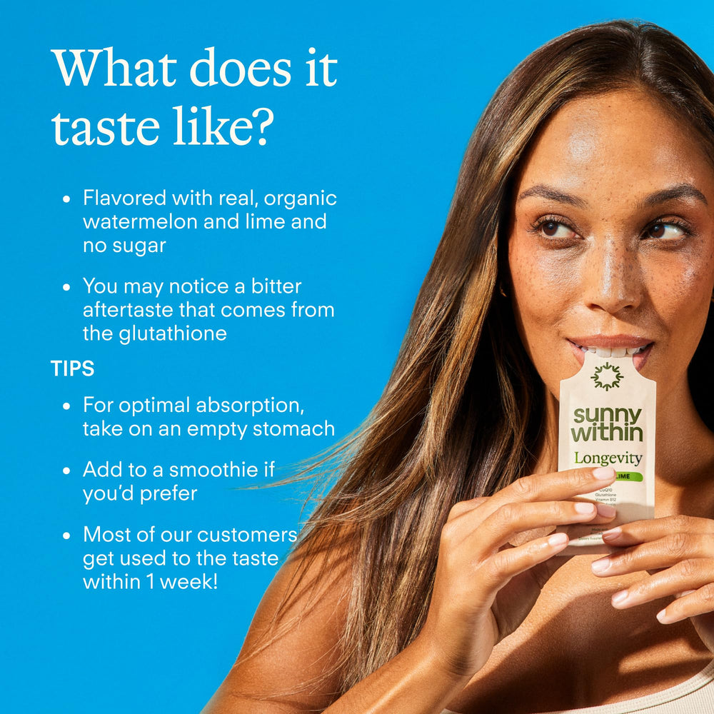 Sunny Within Longevity daily-use mix can be added to drinks.