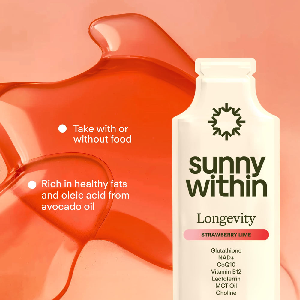 Sunny Within Longevity label closeup displays ingredients and bioavailability features.