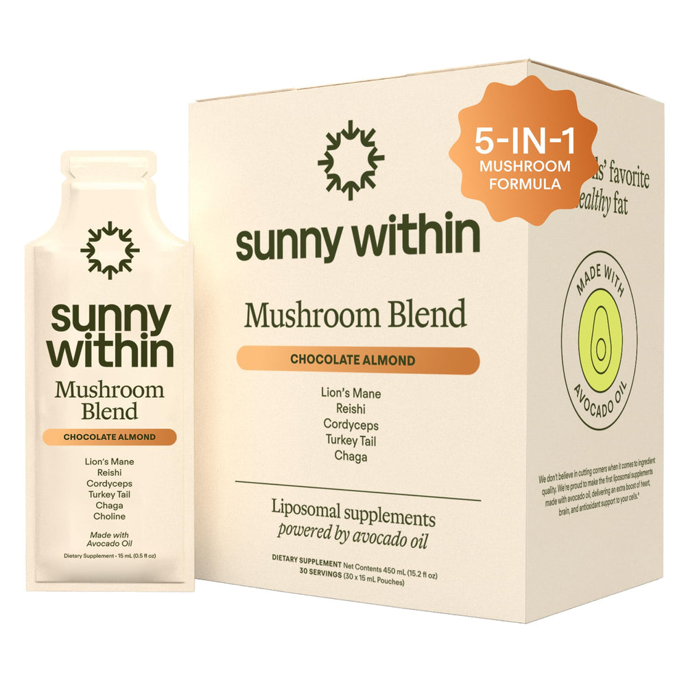 Sunny Within mushroom blend bottle pour showing convenient daily energy and focus support.