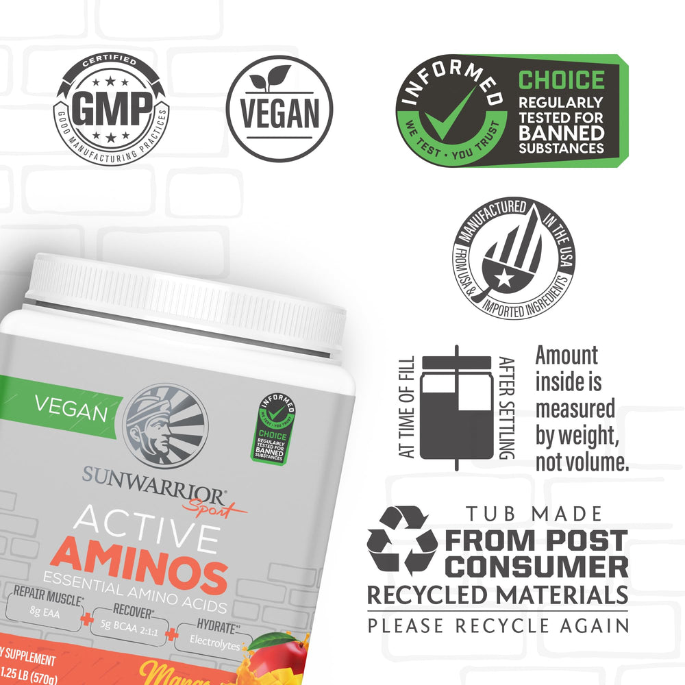 Sunwarrior Active Amino label closeup shows complete essential amino acids
