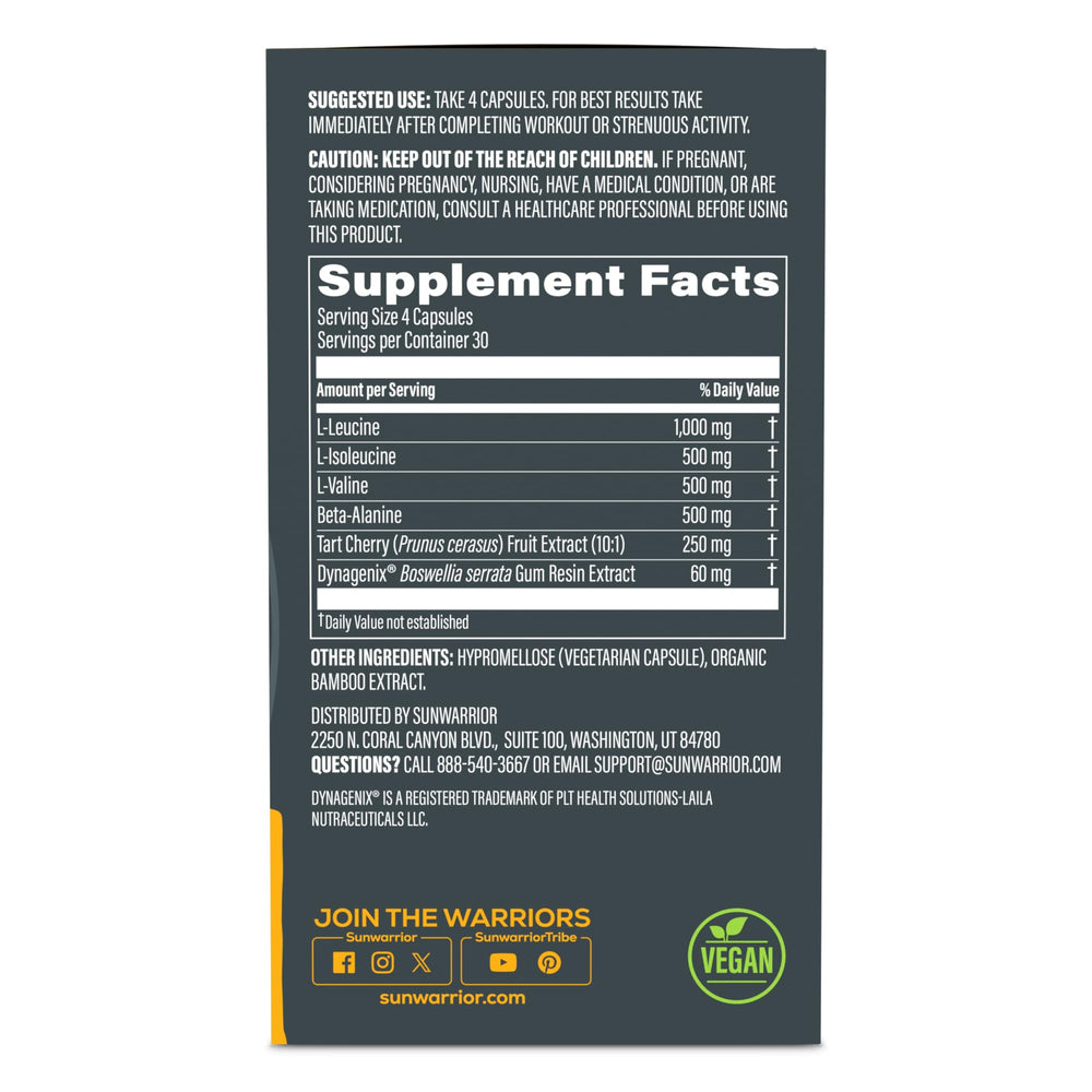 Close-up of Sunwarrior Active capsules showing an easy-to-swallow post-workout option.