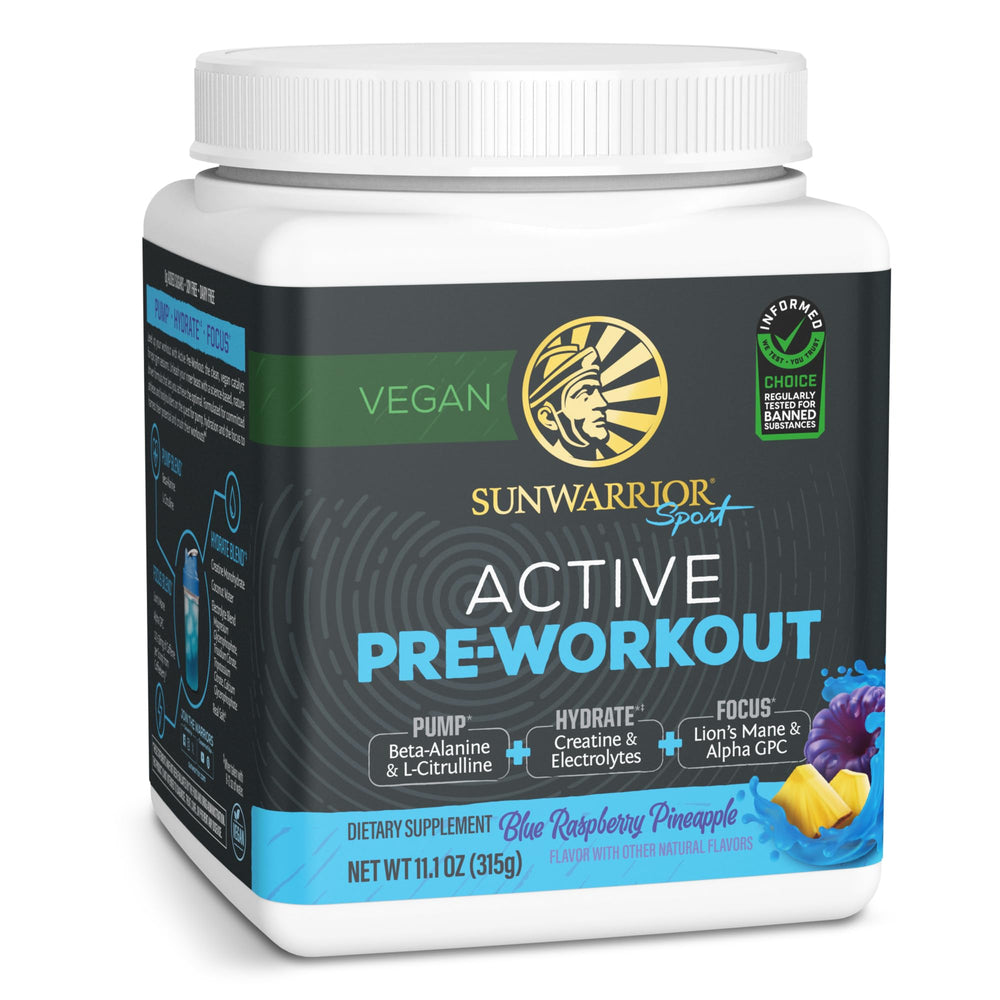 Sunwarrior Active Pre-Workout bottle showcasing vegan energy boost.