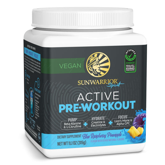 Sunwarrior Active Pre-Workout bottle showcasing vegan energy boost.