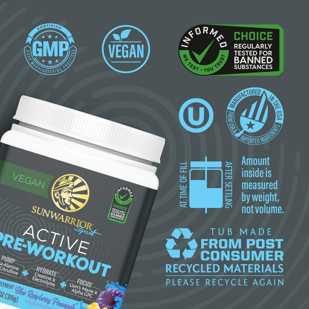 Sunwarrior Active Pre-Workout powder texture shown for smooth mixability.