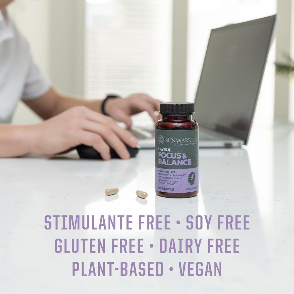 Sunwarrior ingredients image highlights adaptogenic herbs for balance.