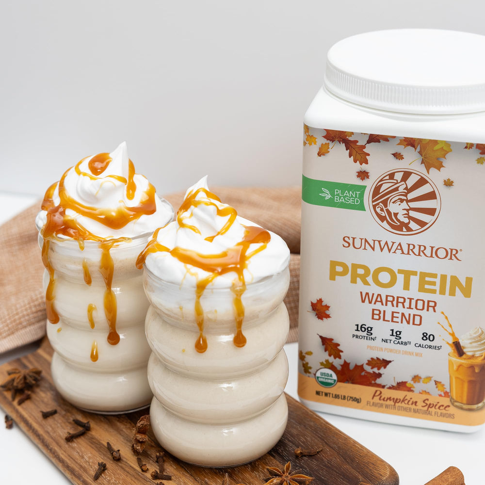 Sunwarrior athlete training backdrop with plant-based protein in scene