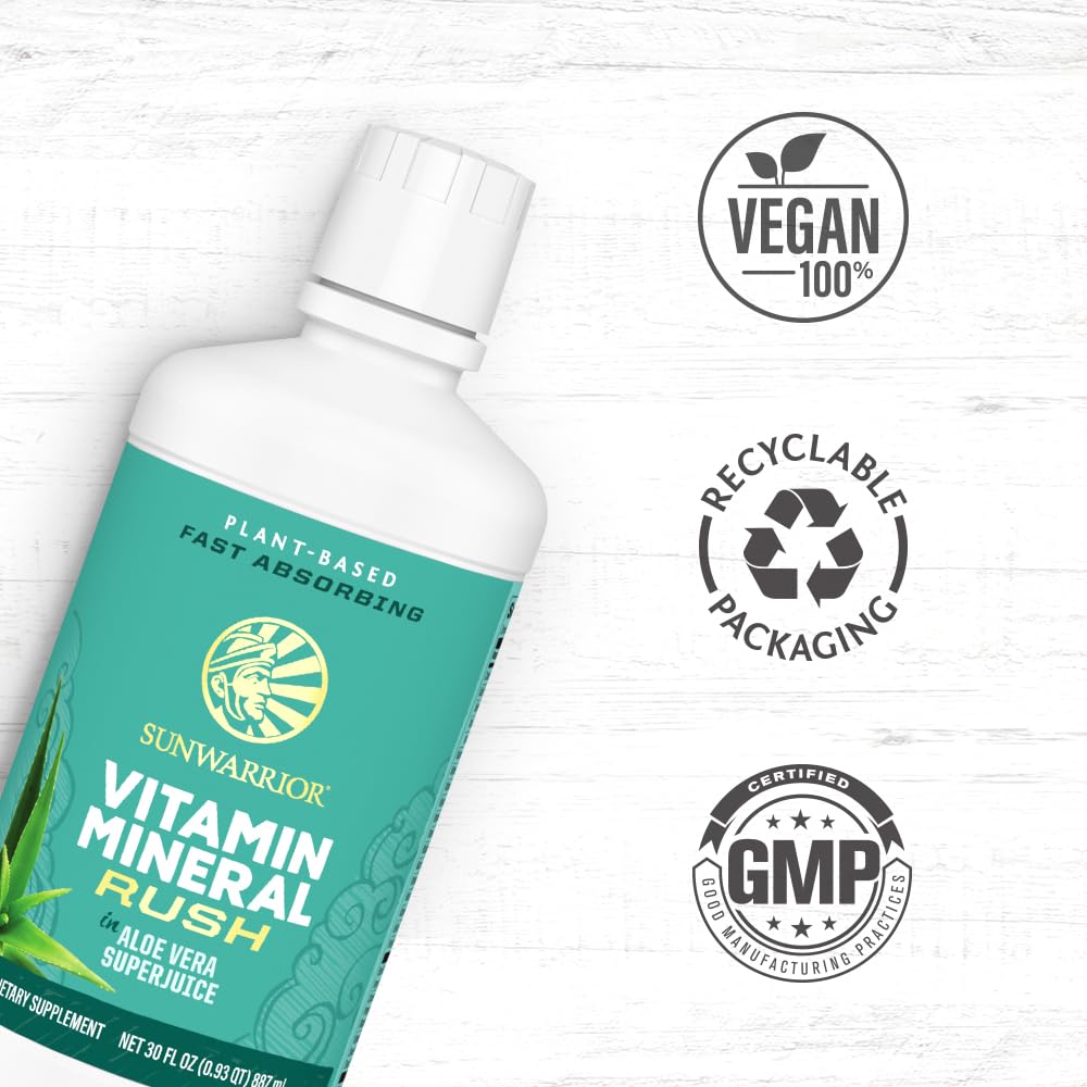 Sunwarrior bottle label details highlight raw and wildcrafted ingredients