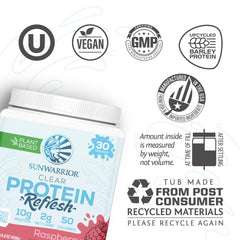 Sunwarrior Clear Protein organic flavors label close-up for clean ingredients.