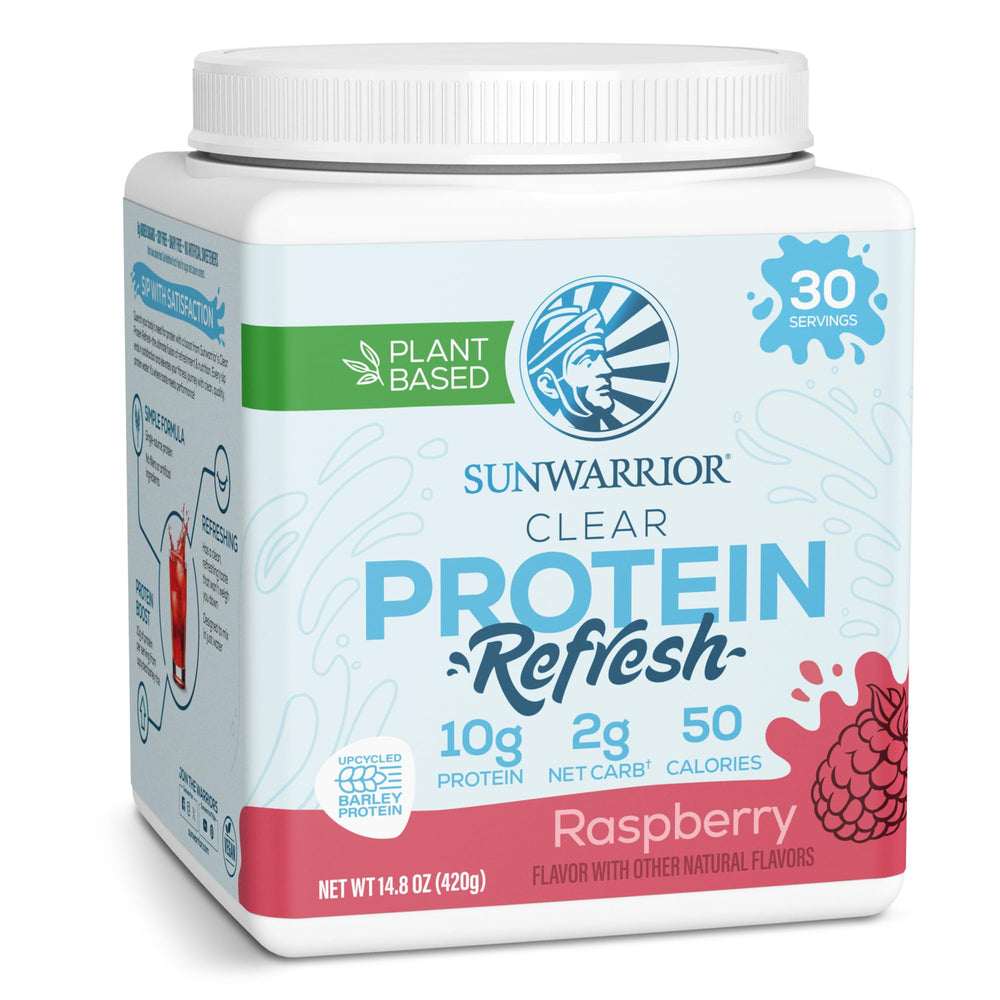 Sunwarrior Clear Raspberry protein in a glass, a refreshing hydration boost.
