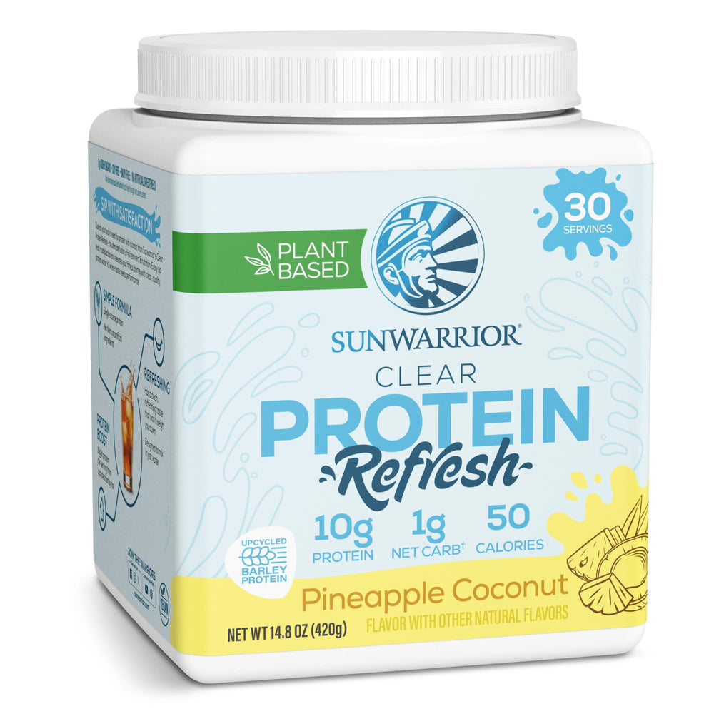 Sunwarrior Clear Protein Refresh tub label emphasizes a light, refreshing protein option.