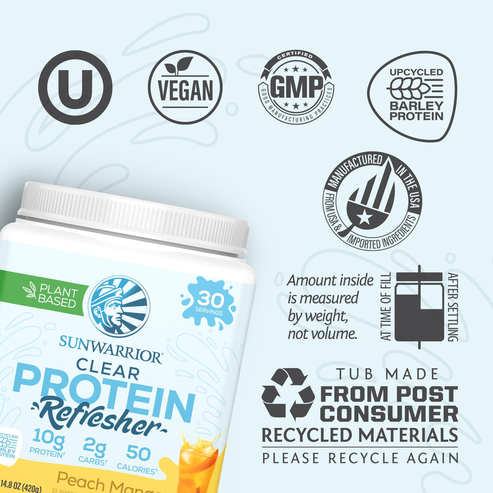 Shaker with Sunwarrior Clear Protein and a glass of prepared drink ready to hydrate