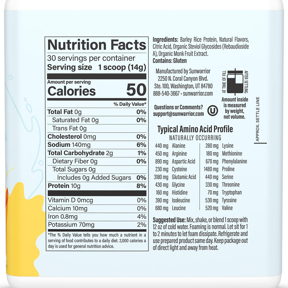 Close-up of Sunwarrior Clear Protein tub label highlighting organic ingredients